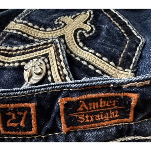 Rock Revival Jeans 27 Straight Y2K Thick Stitch Flap Pockets Designer Streetwear - Picture 4 of 7